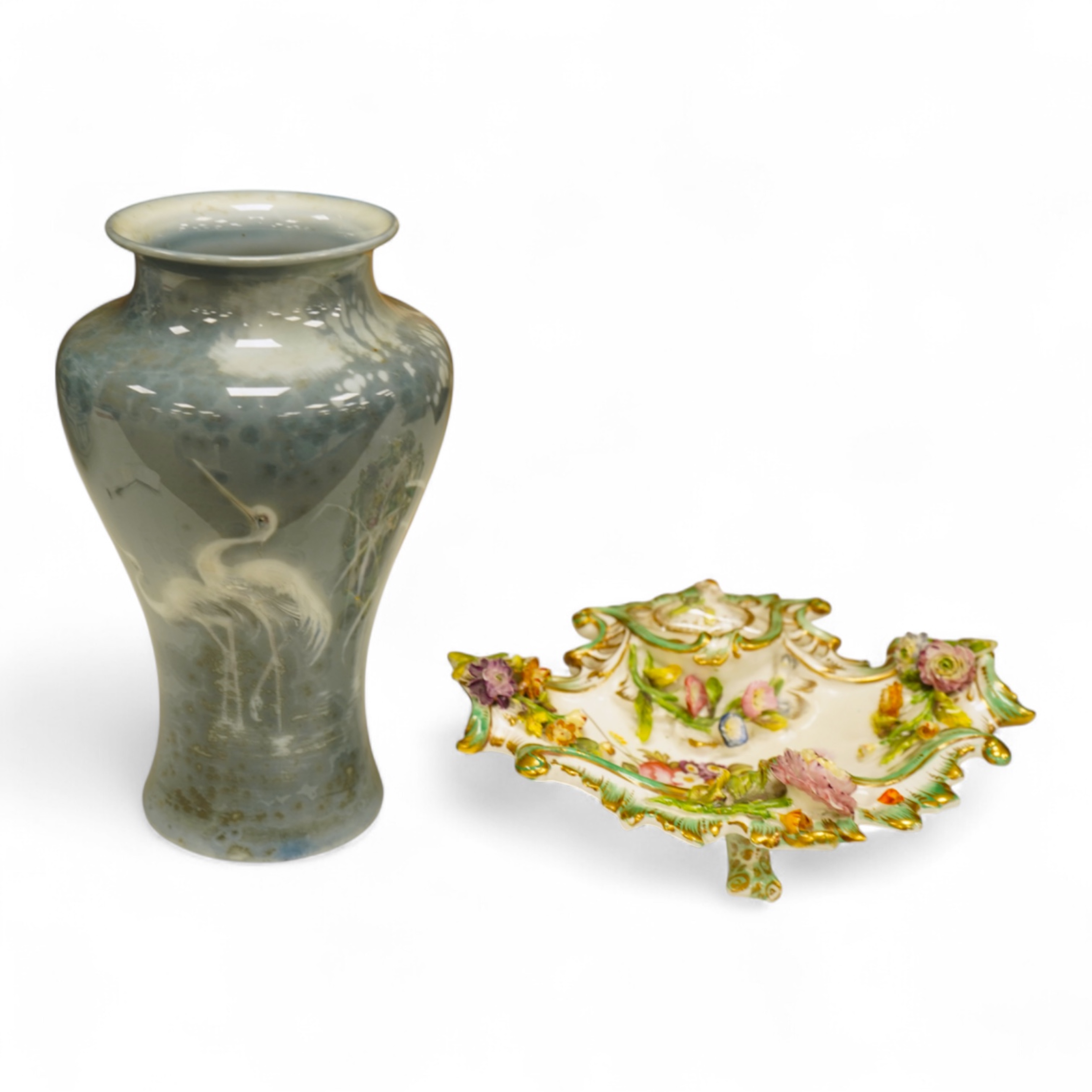 Worcester Sabrina porcelain vase numbered 2195 and bone china inkstand with floral encrusted decoration, largest 20cm high